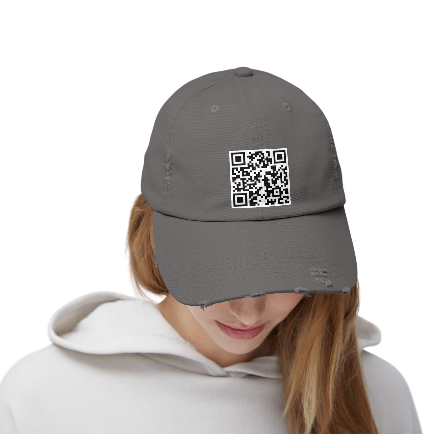 QR Code Distressed Cap — Black Casual Baseball Hat with Scannable Design