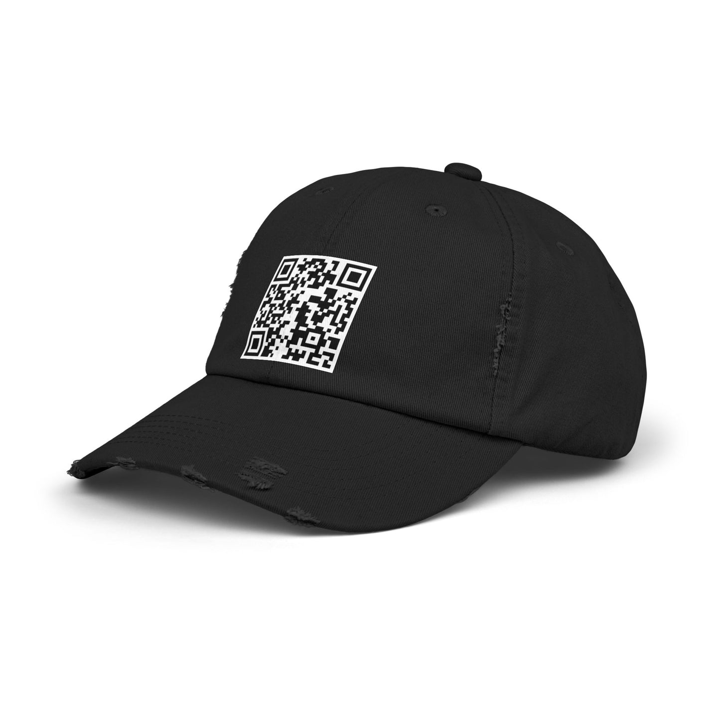 QR Code Distressed Cap — Black Casual Baseball Hat with Scannable Design