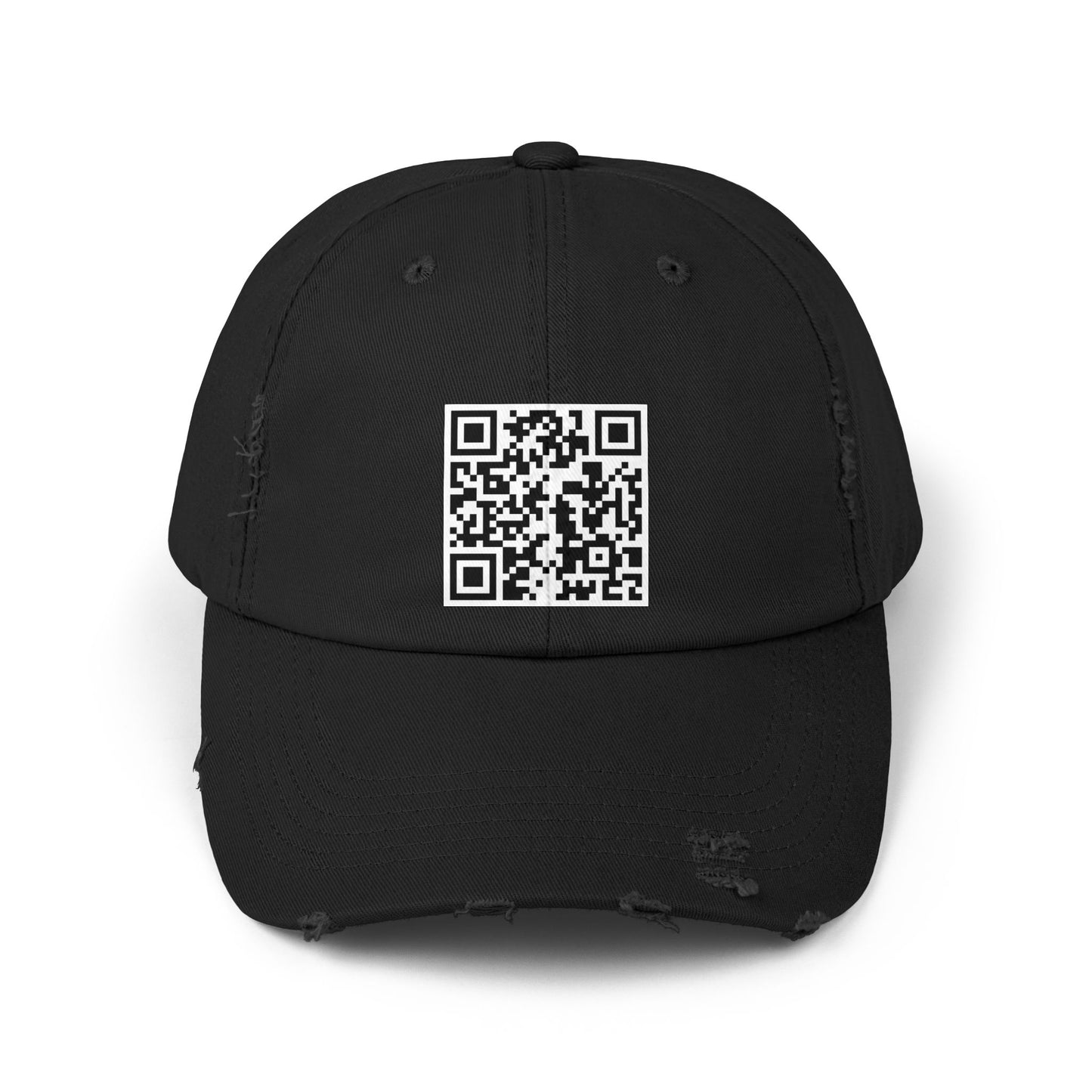 QR Code Distressed Cap — Black Casual Baseball Hat with Scannable Design