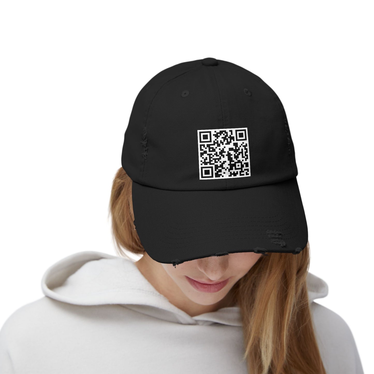QR Code Distressed Cap — Black Casual Baseball Hat with Scannable Design